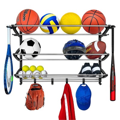 Lynk Sports Rack with Adjustable Hooks - Sports Gear Storage Black/Silver