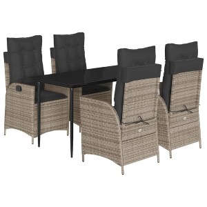 vidaXL 5 Piece Patio Dining Set - Gray Poly Rattan Chairs with Cushions & Black Tempered Glass Table for Outdoor Garden, Backyard, Patio - 1 of 4