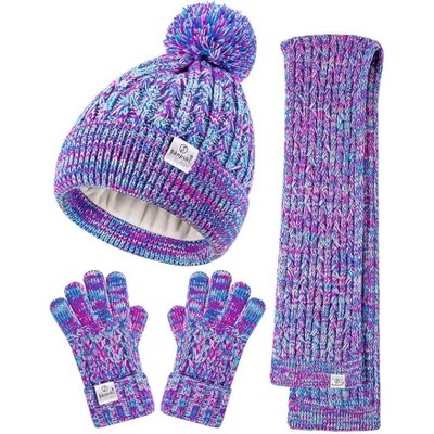 SENPUKI Kids Winter Hat Gloves Scarf Set,Girls Toddler Winter Hat Beanie with Pom Neck Warmer Gaiter Mittens Fleece Lined Set