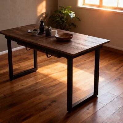 Homy Casa Rectangular Dining Table with Metal Base for Kitchen, Dining Room, or Apartment, Walnut