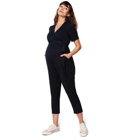 Ingrid & Isabel Maternity Short Sleeve Knit Jumpsuit Black Size XS