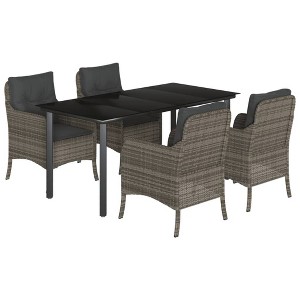 vidaXL 5-Piece Patio Dining Set - Gray Poly Rattan with Cushions & Glass Tabletop - Outdoor Garden Furniture - 1 of 4