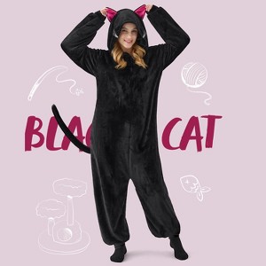 Joyfy Halloween Black Cat Pajama Hooded Jumpsuit Costume for Adult, Animal Halloween Costume Dress Up for Women Men - 1 of 4