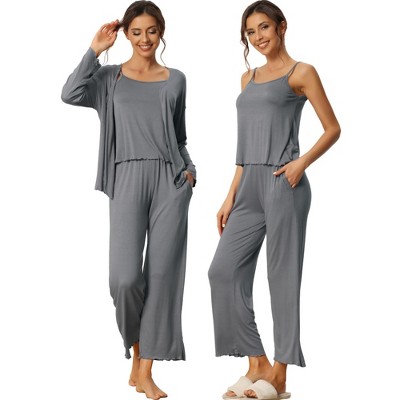 cheibear Women's 3 Pcs Modal Knit Soft Long Sleeve Cardigan Cami and Pants Pajama Set