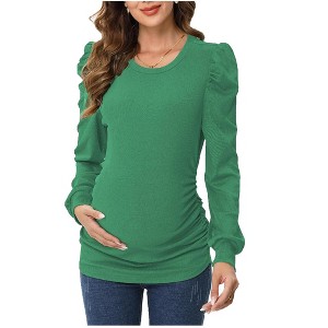 Ribbed Maternity Tunic with Puff Sleeves Mock Neck Ruched Sides - 1 of 2