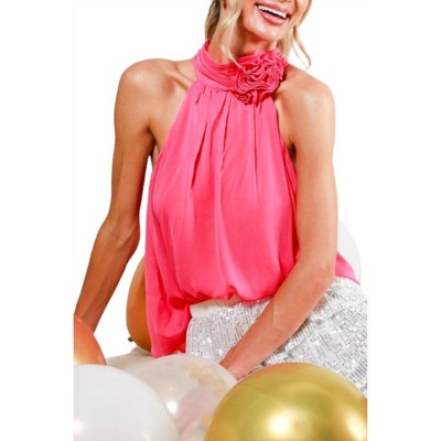 Women's TIE NECK CORSAGE FLOWER DETAIL CHIFFON TOP - Vine & Love