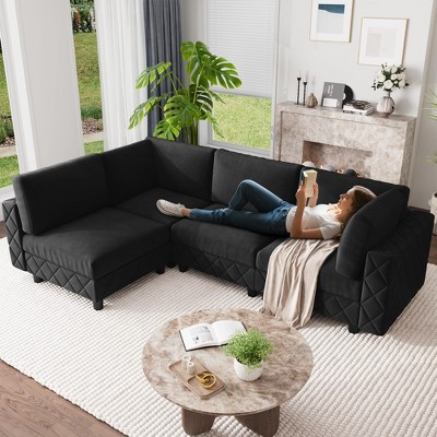 134" Modular Sectional Sofa, 4 Seat High Density Sponges Cloud Couch L Shaped Sofa, Velvet Couch with Upholstered for Living Room, Apartment
