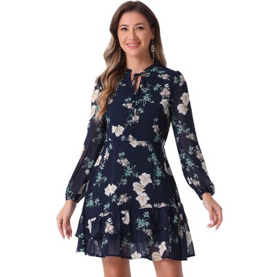INSPIRE CHIC Women's Summer Floral Layered Tie V-Neck Semi-Sheer Long Sleeve Mini Dress
