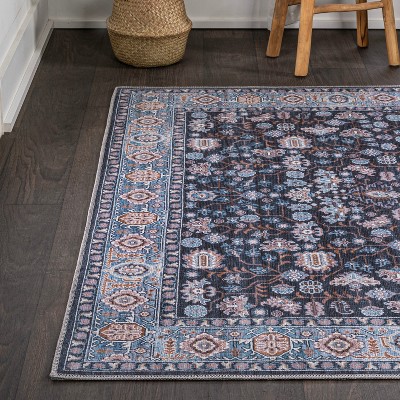 Kemer Black and Blue Washable Synthetic Persian Area Rug