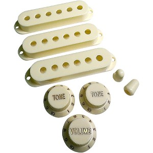 AxLabs Set Of Single Coil Pickup Covers In Vintage Spacing (52mm), Two Switch Tips, And Three Knobs (Gold Lettering) Vintage White - 1 of 1
