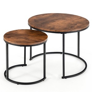 Tangkula 2PCS Stacking Metal Legs Modern Side Round Nesting Coffee Table w/ Wooden Tabletop for Living room Rustic Brown/Brown - 1 of 4