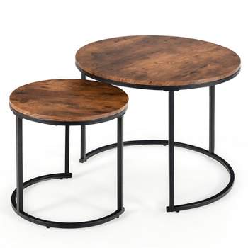Tangkula 2PCS Stacking Metal Legs Modern Side Round Nesting Coffee Table w/ Wooden Tabletop for Living room Rustic Brown/Brown