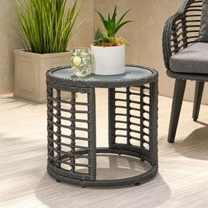 KWPZQEB Modern Boho Design Side Table, Outdoor Round Patio End Table, Rattan Coffee Table, Nightstand for Patio, Backyard, Garden, Living Room - 1 of 4