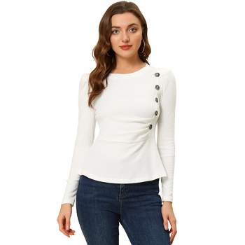 Allegra K Women's Round Neck Button Decor Long Sleeve Peplum Shirts