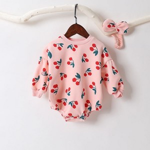 MyKids-USA Baby Girl Allover Cherry Pattern Lantern Sleeves Triangle Bodysuit Onesies - 1 of 4