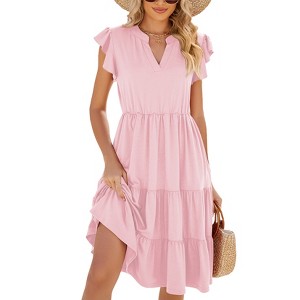 Women's Cute V Neck High Waist Pleated Ruffle Short Sleeve Tiered Mid Long  Dress with Pocket,Pink,XL : Target