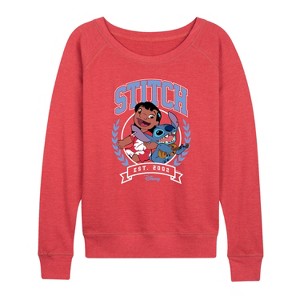 Women's - Disney - Stitch Collegiate Group Lightweight French Terry Wide Neck Long Sleeve Graphic Shirt - 1 of 3