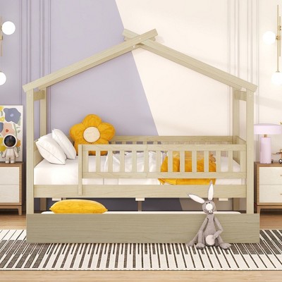 NicBex Full Size Bunk Bed Classic House Shape Loft Bed Draggable Design Pine Bed Frame with Wheels and Guardrails, No Box Spring Required