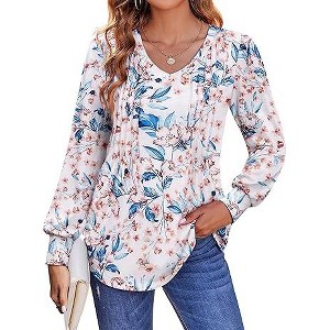 Zeagoo Women's Puff Long Sleeve Shirts Pleated V Neck Fall Tunic Tops Blouse Dressy Casual Summer T-Shirts - 1 of 4