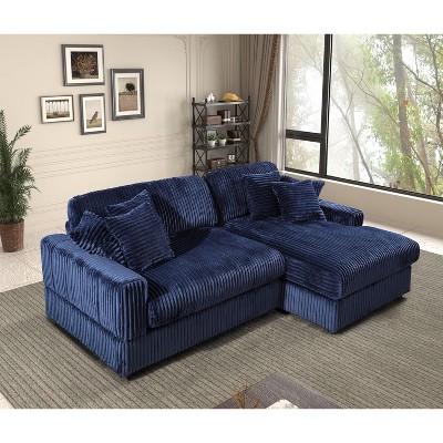 Navy Blue Modern Corduroy Corner Sofa Bed, Deep Seating Comfort with Six Pillows