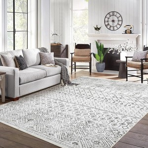 8x10 Vintage Geometric Washable Area Rug,Soft Low Pile Carpet with Non-Slip Backing,Foldable Indoor Accent Floor Cover for Living Room Bedroom,Grey - 1 of 4