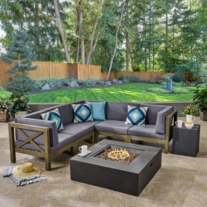 Christopher Knight Home Brava Outdoor Acacia Wood 5 Seater Sectional Sofa Set with Fire Pit - 1 of 4