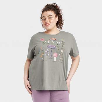 Women's Floral Mushroom Short Sleeve Graphic T-Shirt - Olive Green