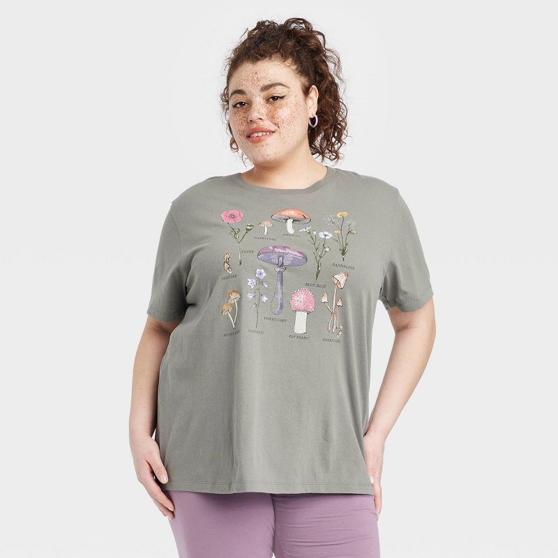 Women's Floral Mushroom Short Sleeve Graphic T-Shirt - Olive Green, 1 of 6