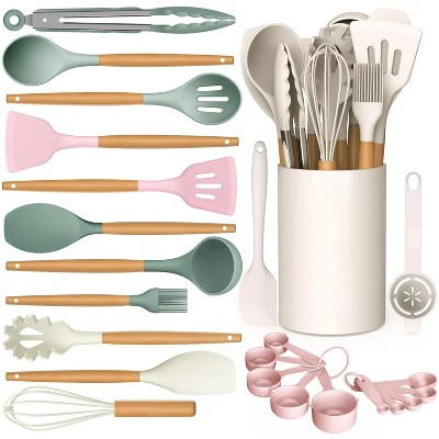 LunaLulinlk Wooden Handle Silicone Cooking Utensil Set, Eco-Friendly, High Heat Resistant 446°F Kitchen Utensils with Stand, BPA Free