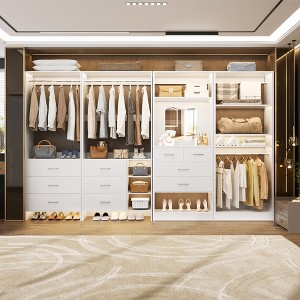 Besiost Set of 4 Closet Organizer System with Wood Drawers, 104-In Freestanding Wardrobe with Mirror and Hanging Rods - 1 of 4