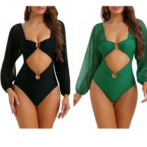 INSPIRE CHIC Women's Cut Out Ring Plunge Neck Shirred Long Sleeves Mesh Tummy Control Monokini Swimsuit 2 Sets - 1 of 4