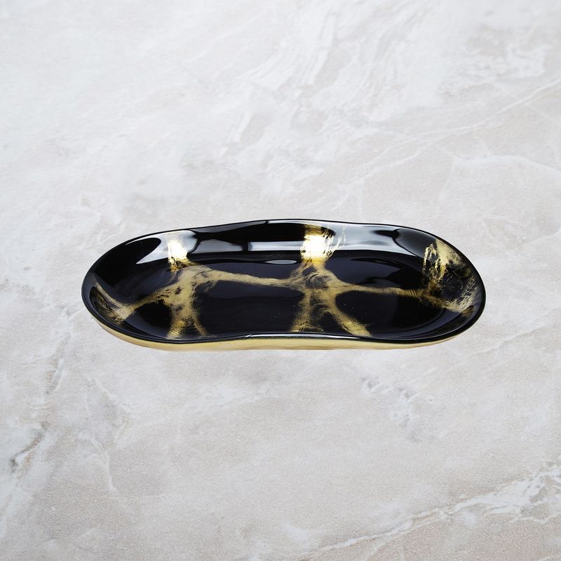 Classic Touch 10.5"L Black and Gold Marbleized Oval Dish, 4 of 5