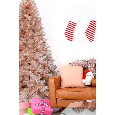 Perfect Holiday 5' Pre-lit Multifunction Rose Gold Oregon Fir Tinsel Tree with Metal Stand and Instant Connect
