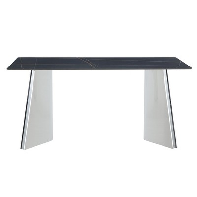 Vynxaria Dining Tables - 63" Black Marble-Patterned Slab with Stainless Steel Butterfly Legs