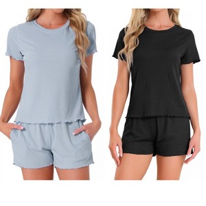 INSPIRE CHIC Women's 4 Pcs Ribbed Knit Soft Short-Sleeve Top & Shorts Ruffled Lounge Pajama Set with Pocket - 1 of 4