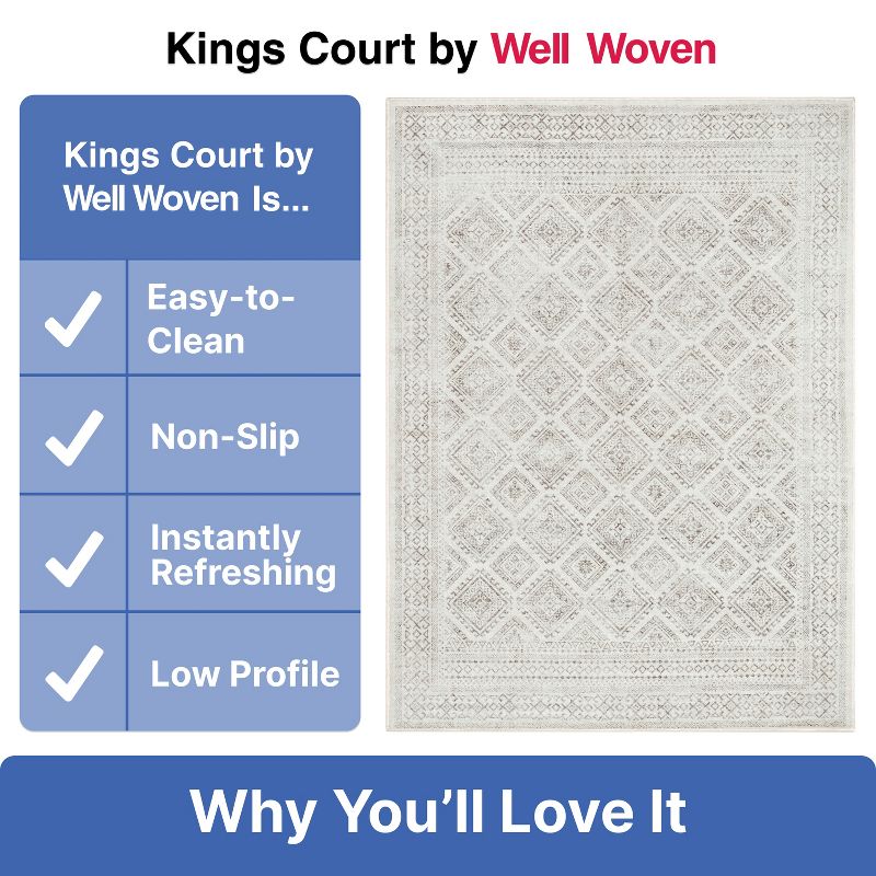 Well Woven Kings Court Sana Ivory & Grey - Non-Slip Rubber Backed Moroccan Diamond Rug - Perfect for Hallway, Entryway & Kitchen - Washable, Low Pile, 5 of 9
