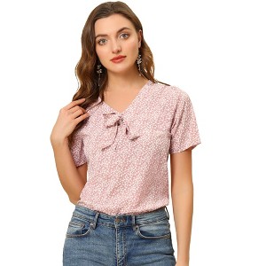 Allegra K Women's Bow Tie V Neck Short Sleeve Floral Printed Blouse - 1 of 4