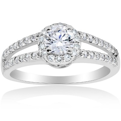 Pompeii3 1ct Halo Split Shank Diamond Vintage Halo Engagement Ring 14K White Gold