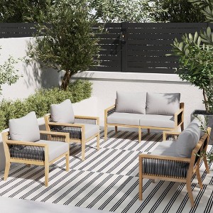 Nathan James 4pc with 2 Loveseats Freya Bohemian Wood Outdoor Patio Conversation Set: Acacia Frame, UV-Resistant - 1 of 4
