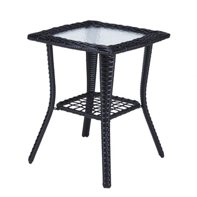 VisioGear Square End Table, Rattan End Table with Glass Top, Patio Coffee Bistro Table for Indoor Garden Porch Balcony, Black, 18"*18"*22.6"