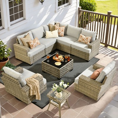 XIZZI Versatile Outdoor Rattan Sectional Sofa Set Collection, 8/9/10-Piece Set w/ Comfy Swivel Chairs, Perfect for Patio Relaxation and Entertaining