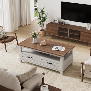 41'' Coffee Table with Storage, Farmhouse Center Table with 2 Storage Drawers & Open Shelf, Easy Assembly and 220 Lbs for Living Room, Home Office - 1 of 4