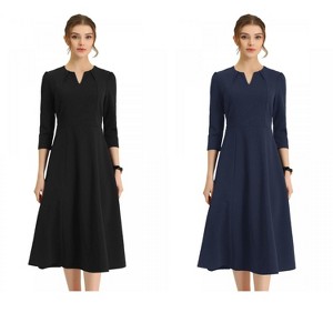 Allegra K Women's Elegant Split Neck Side Zipper Pockets 3/4 Sleeve Work A-Line Dress 2 Packs - 1 of 4