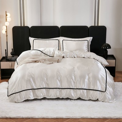Satin Comforter Set Bed in a Bag – 7-Piece Luxury Pom Pom Bedding with Sheets & Pillowcases, Soft Silky All-Season Quilt