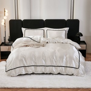 Satin Comforter Set Bed in a Bag – 7-Piece Luxury Pom Pom Bedding with Sheets & Pillowcases, Soft Silky All-Season Quilt - 1 of 4