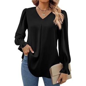 Coolmee Women's Long Puff Sleeve Tops Dressy Casual V Neck Tunic Shirts Loose Chiffon Work Blouse - 1 of 4