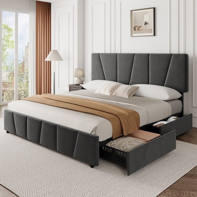 Whizmax Bed Frame with 4 Storage Drawers and Linen Upholstery Headboard and Footboard, Mattress Foundation with Wooden Slats Support, Gray