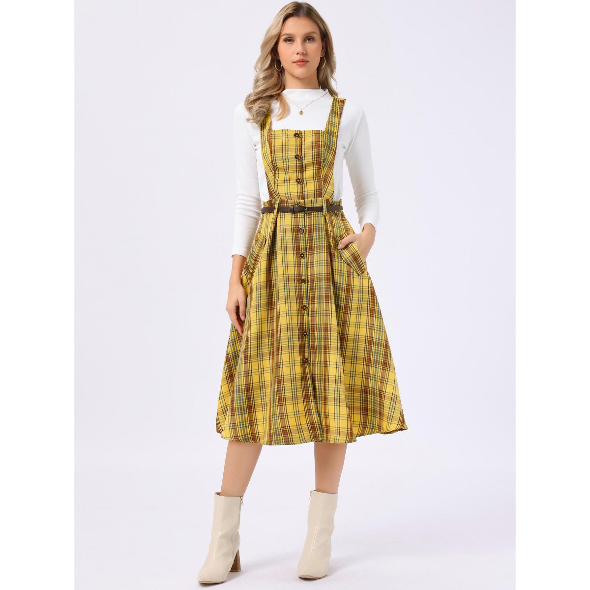 Женские платья INSPIRE CHIC Women's Plaid Square Neck Belted Sleeveless A-Line Pinafore Dress X-Large Yellow — фото 4