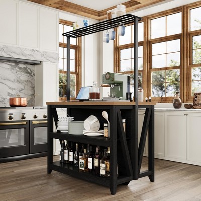 Large Kitchen Island with Storage, Dining Table Set with Power Outlet & LED Lights, Coffee Bar Bakers Rack