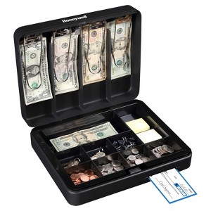 Honeywell Deluxe Steel Cash Box: Black Key Lock Safe with Removable Tray, 0.23 Volume, No Assembly Required - 1 of 4